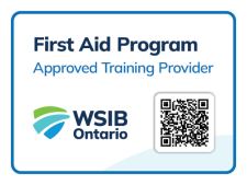A badge reading First Aid Program, Approved Training Provider with the WSIB Ontario logo and a QR code.