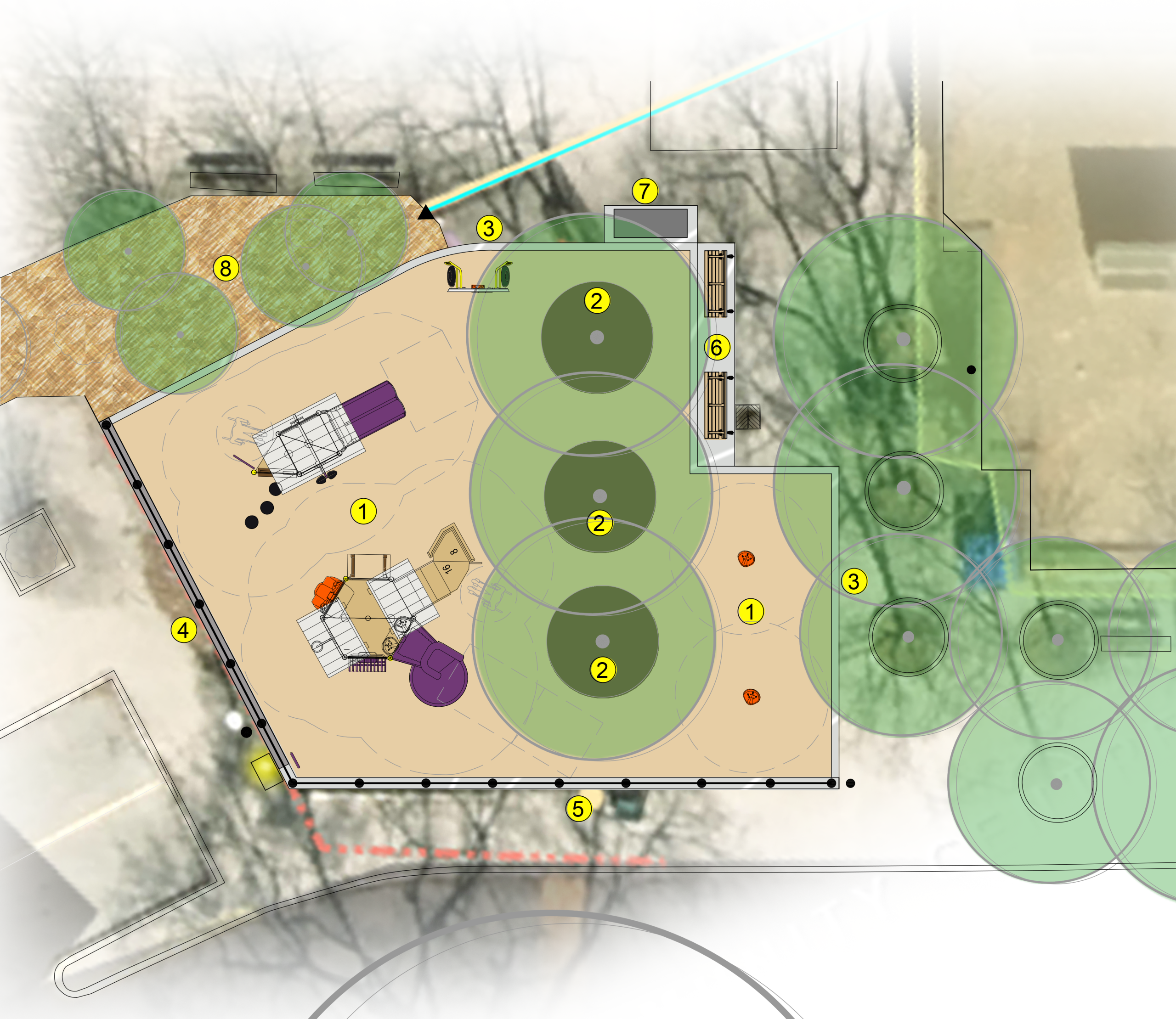 Numbered site plan of the new Armour Heights Community Centre playground. Numbers correspond to the list of features immediately following the image.