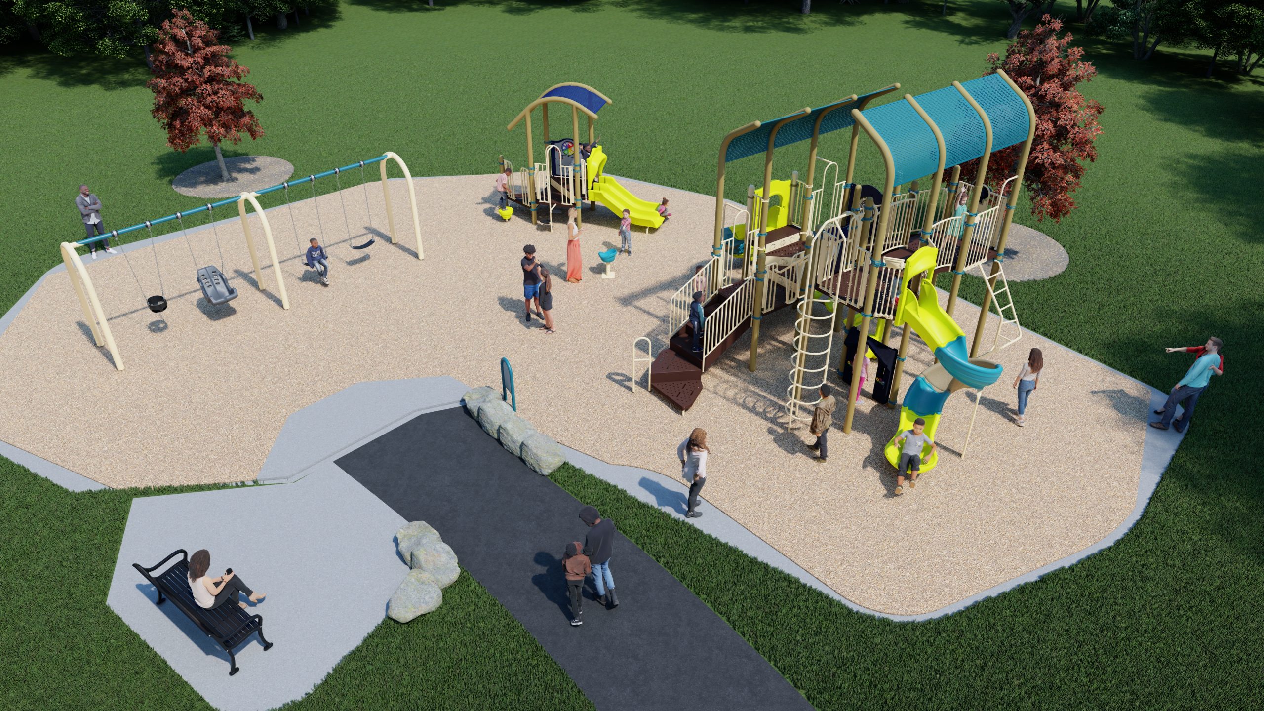 final site plan of the new Checkendon Park playground with an ariel view of the playground area. It shows the main playground area, new and existing pathways, and surrounding plantings. Main site plan elements are listed in the legend.