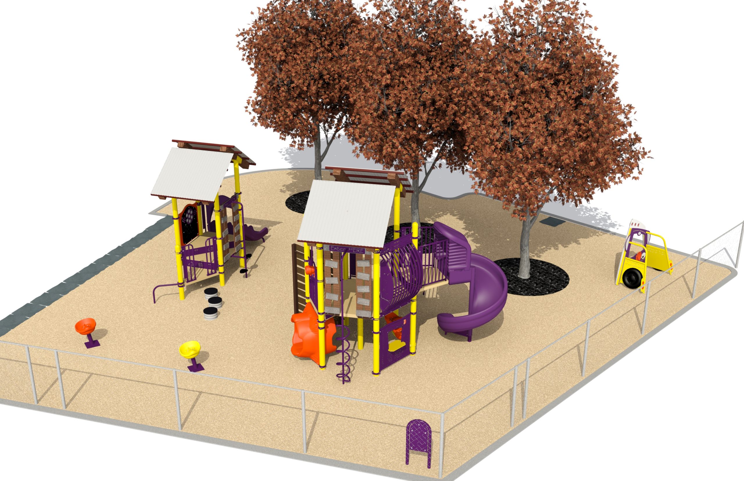 Aerial rendering of the final design for the new Armour Heights Community Centre playground, which has been refined based on community feedback. From left to right, the rendering shows a junior play structure, two solo spinners, a senior play structure, a play panel and an interactive play truck.