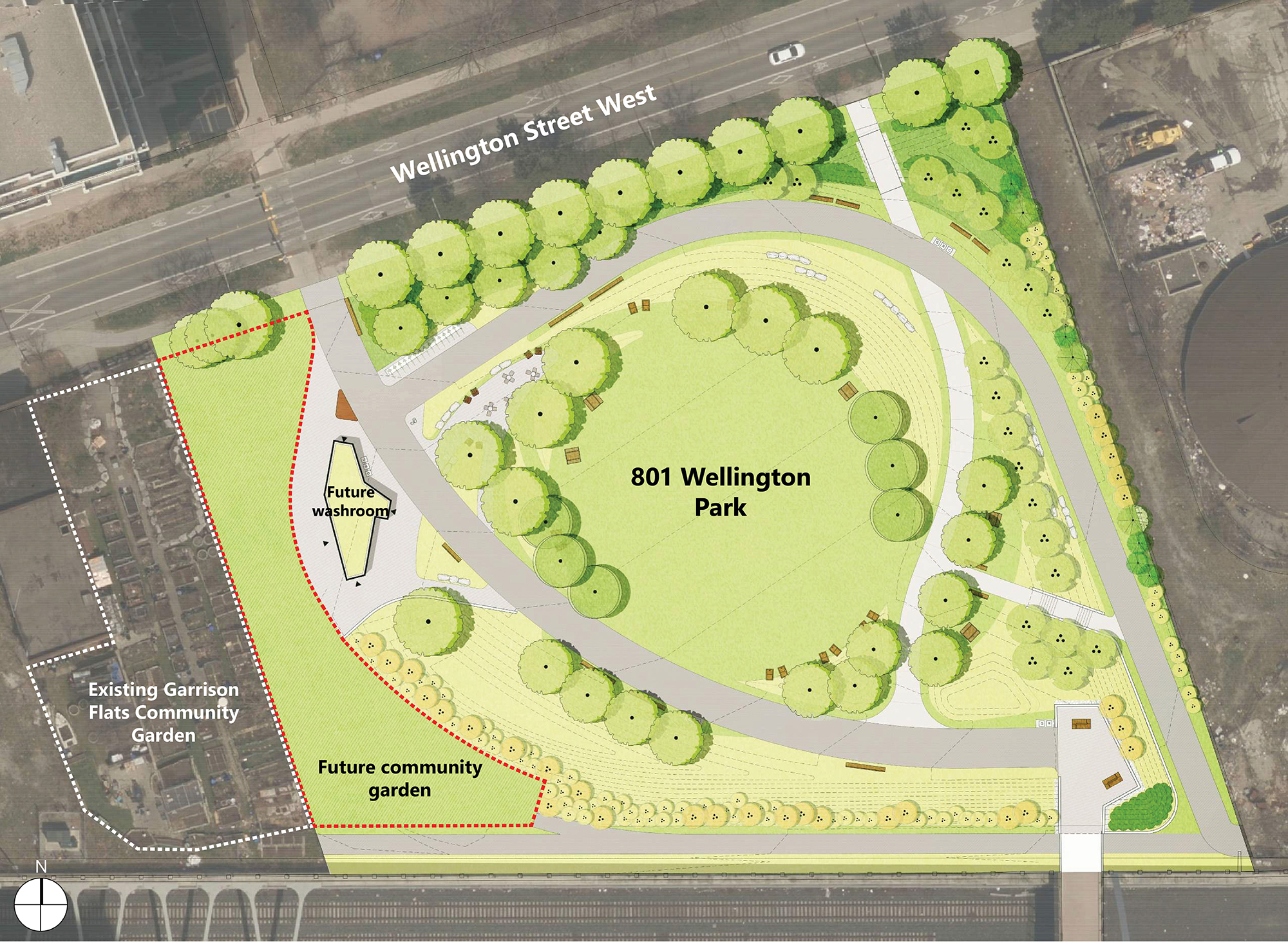 Site plan of the 801 Wellington Park with outlines showing the locations of the future community garden and future washroom. The future community garden is on the west side of the park, abutting the existing Garrison Flats Community Garden. The future washroom is just east of the future community garden, connected to a main pathway.