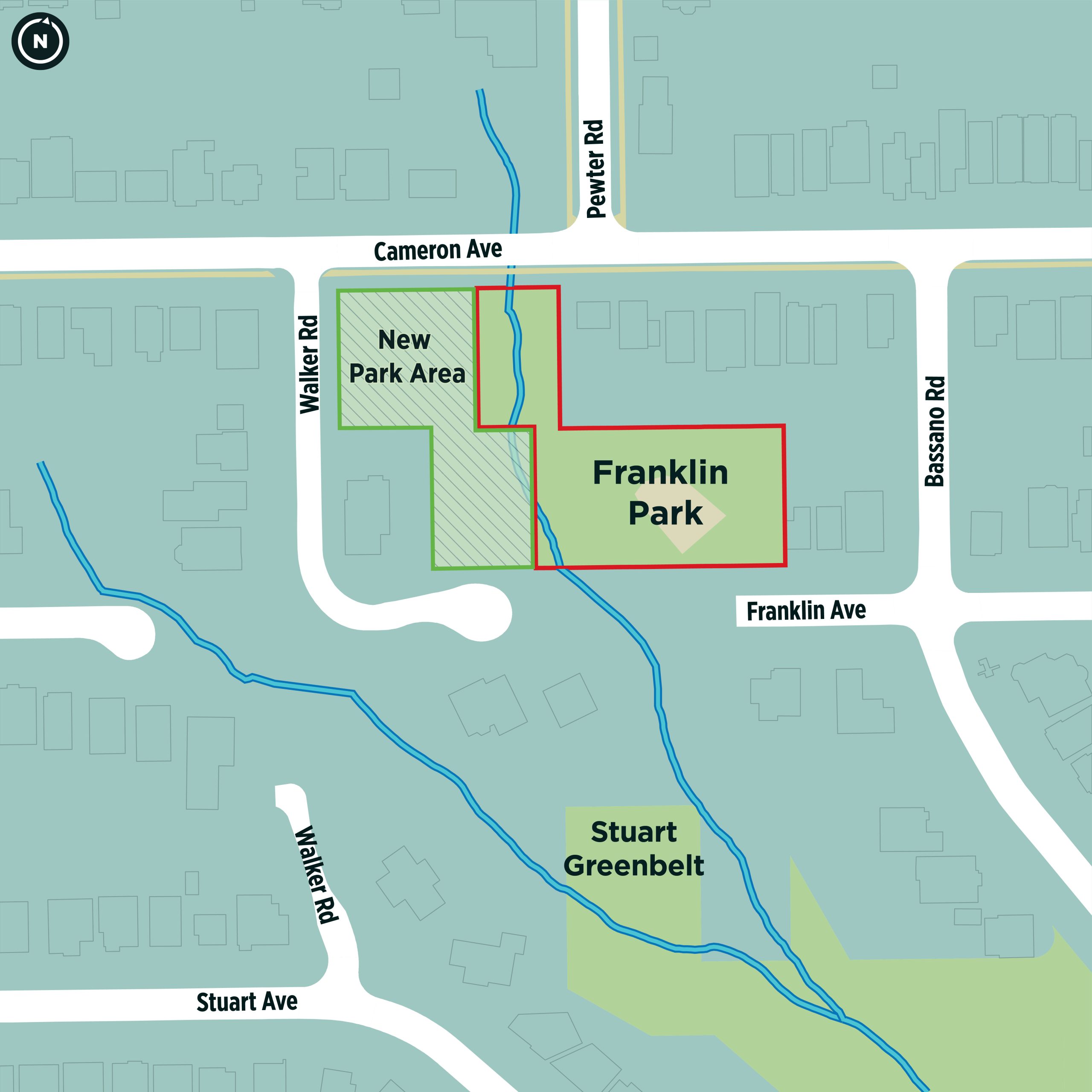 Map of local area showing outline of Franklin Park. The new park area is shown with an outline extending to the west side of the park, reaching to Walker Rd. to the west and Cameron Ave. to the north.