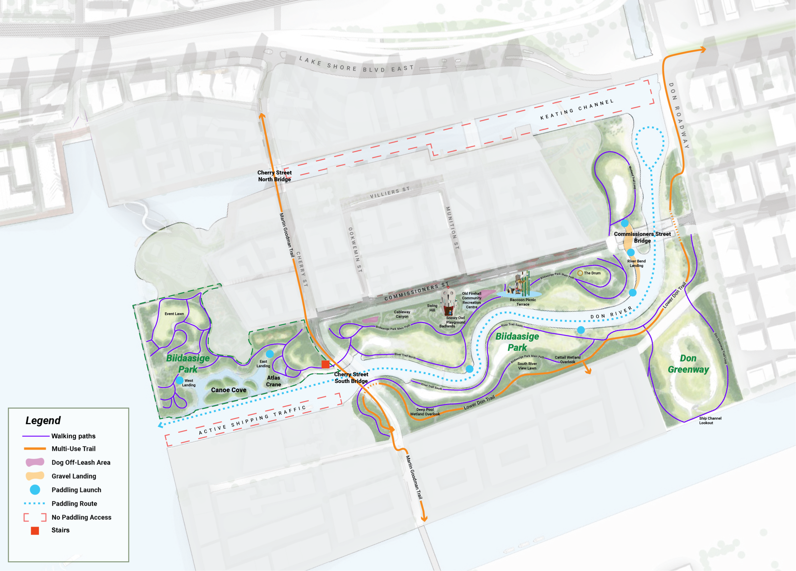 A map showing Biidaasige Park. The map boundaries are Cherry Street Bridge North to the north, Cherry Street Bridge South to the south, Commissioners Street running parallel to the park from east to west and the Don Roadway to the west. a corresponding legend shows a walking path, a multi-use trail, a dog off-leash area, a gravel landing, a paddling launch, a paddling route, no paddling access and stairs.