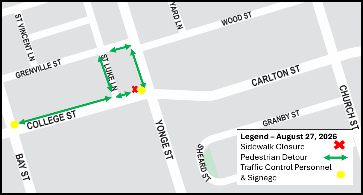 Map of the sidewalk closure area along St Lukes Lane to Yonge Street on College Street. Please contact Mark De Miglio at mark.demiglio@toronto.ca or call 416 395 7178 for more information.