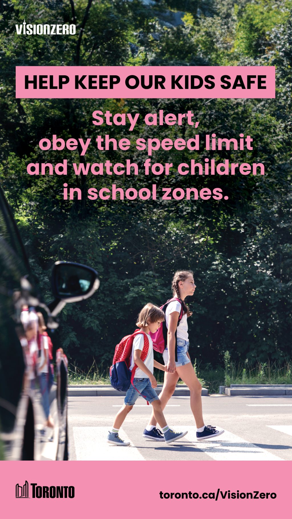 Two children crossing the street with backpacks on infront of a car.