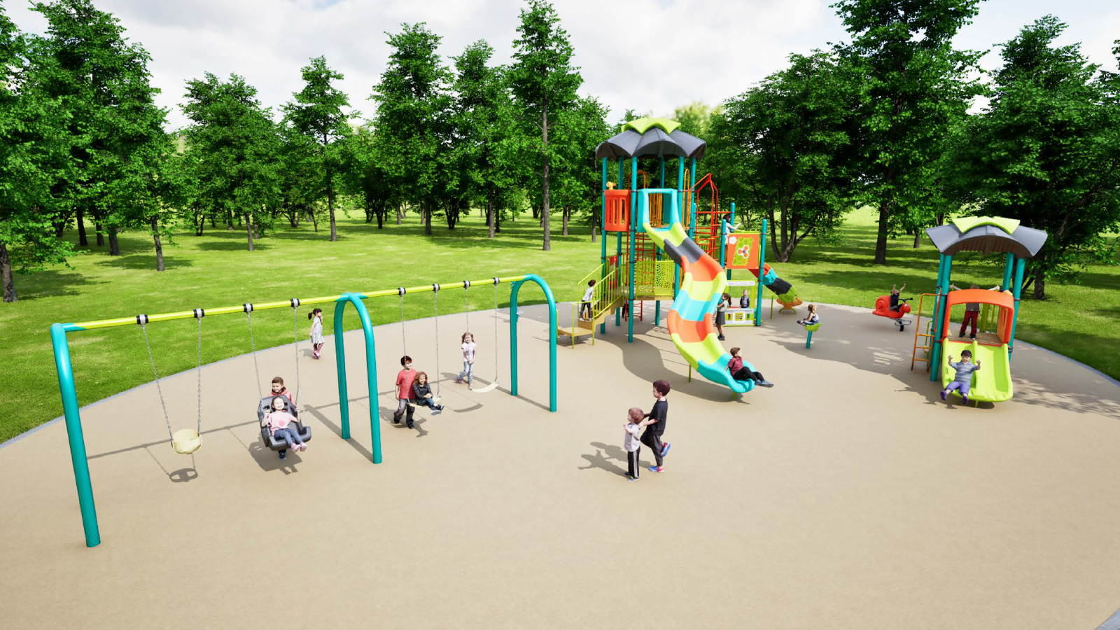An aerial view of Playground Design A looking to the southwest from the northeast. From the lower left to the upper right, it includes swings, senior play equipment with climbers and slides, a spinning balancing seat, and junior play equipment with steps and a dual slide. 