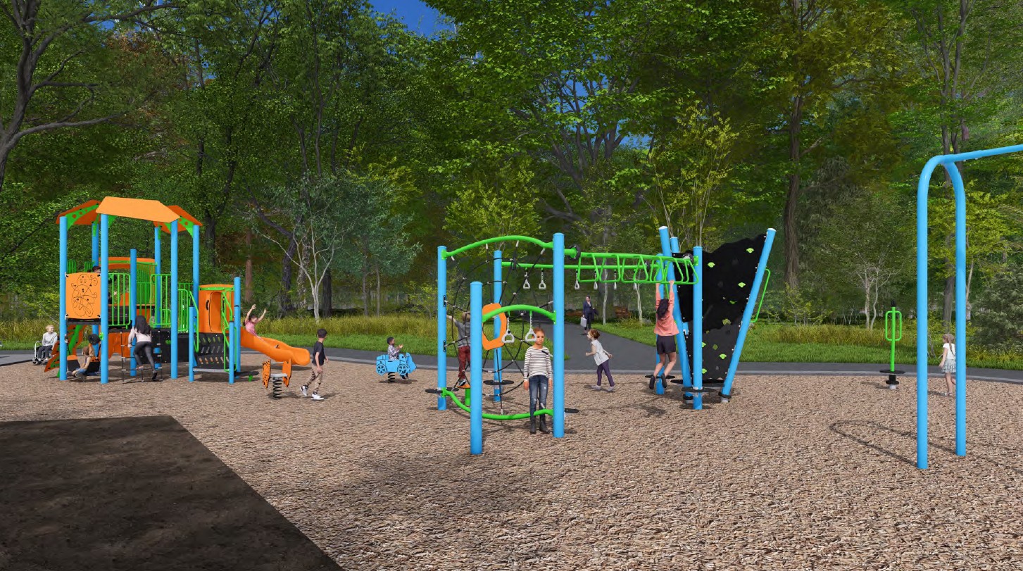 Rendering of the final design for the new Baird Park playground. From left to right, it features a junior play feature, a spring toy, a senior climber circuit and a spinner.