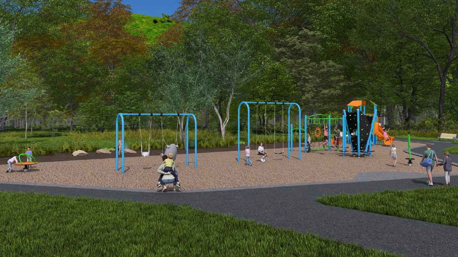 Rendering of the final design for the new Baird Park playground. From left to right, it features a junior play feature, a spring toy, a senior climber circuit and a spinner.