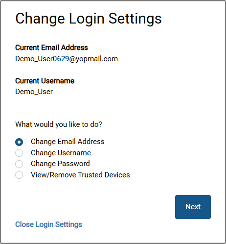 Screenshots indicates the user should select "Change Email Address" and then select "Next"