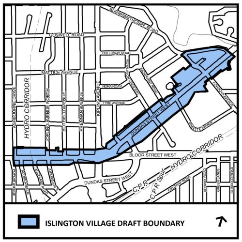 Map showing the boundary of Islington Village, which consists of lands facing either side of Bloor Street West and Dundas Street West between Poplar Avenue/Ashbourne Drive and Islington Avenue.