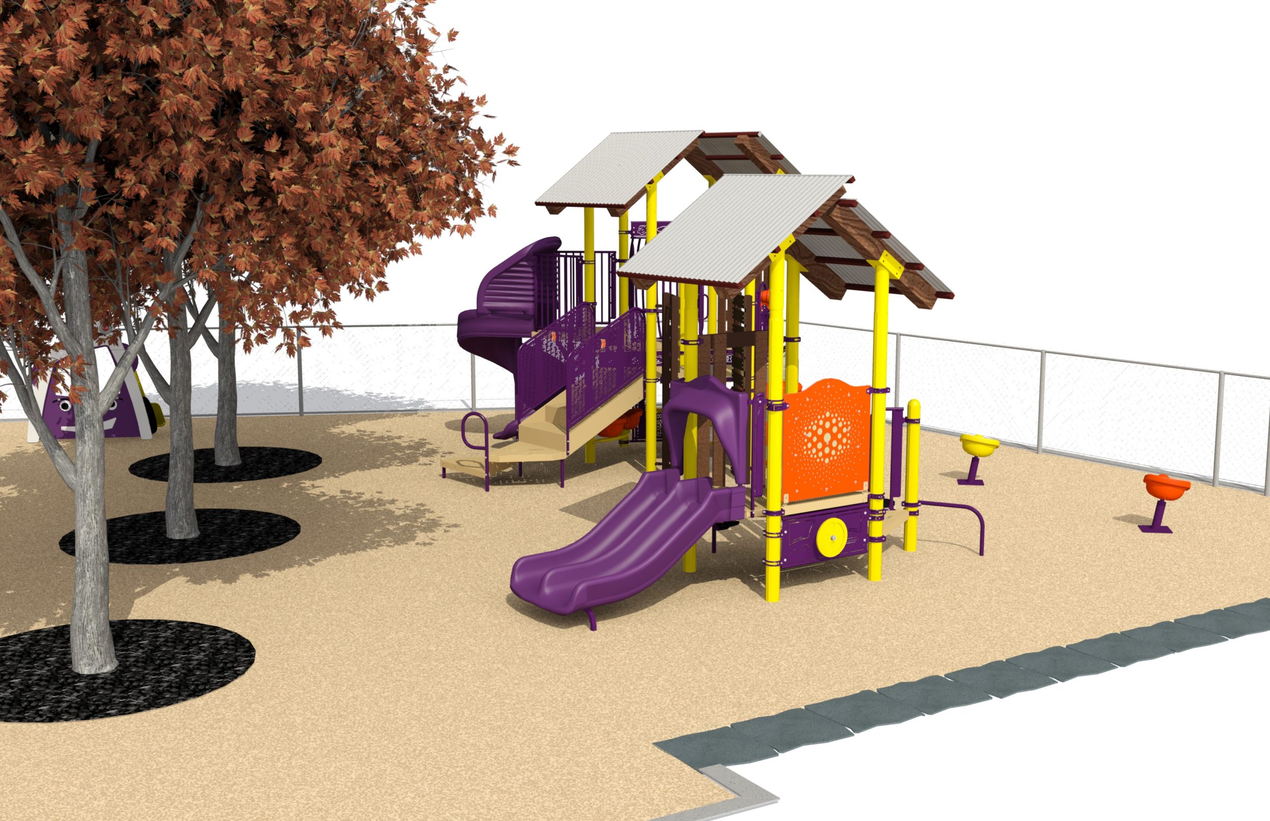 Ground-level rendering of the final design for the new Armour Heights Community Centre playground, focusing on the junior and senior play structures.