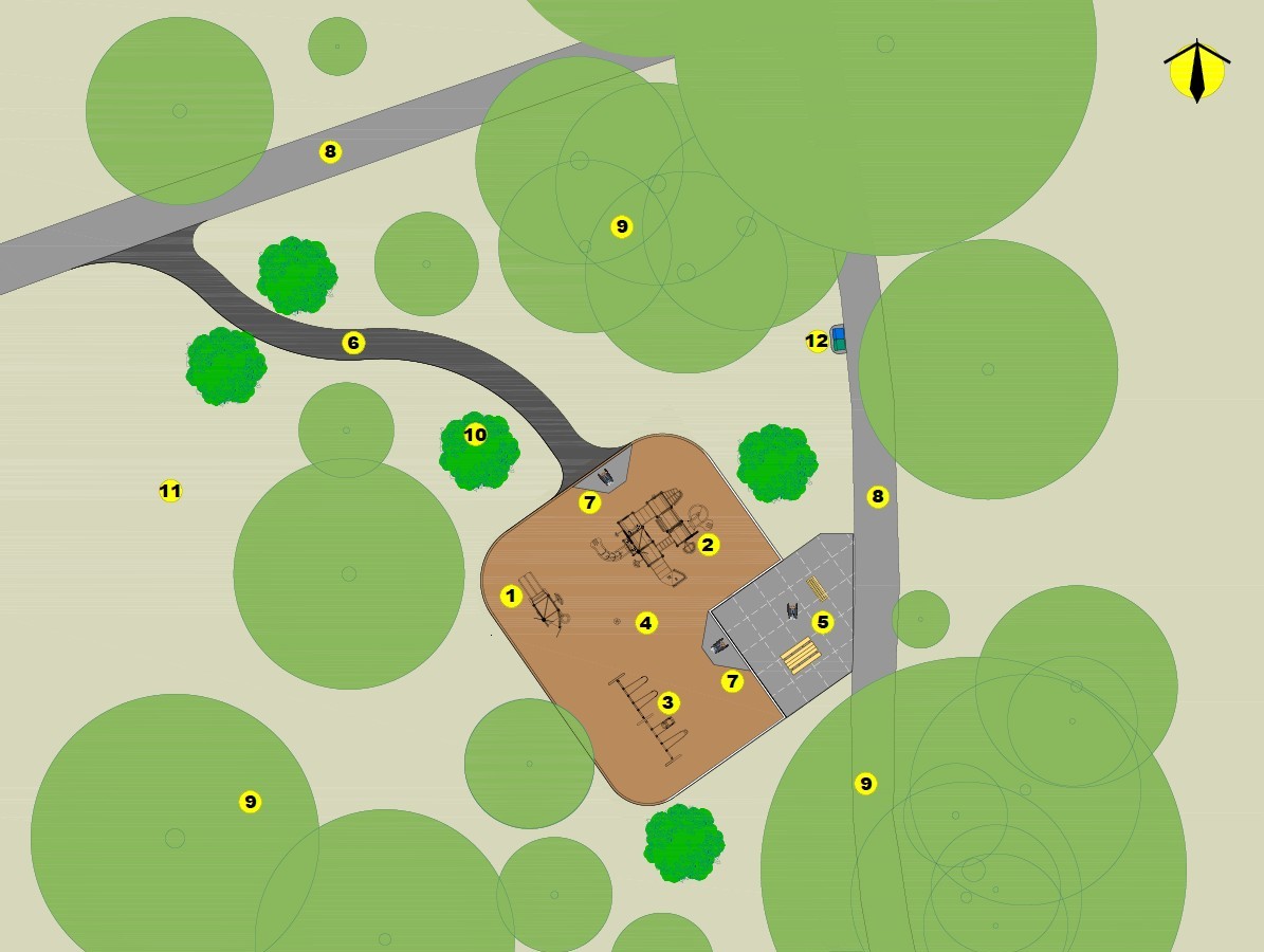 final site plan of the new Checkendon Park playground with an ariel view of the playground area. It shows the main playground area, new and existing pathways, and surrounding plantings. Main site plan elements are listed in the legend.