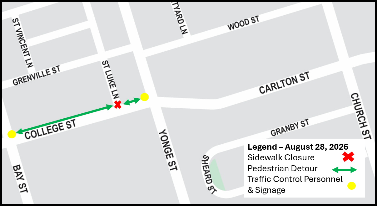 Map of the sidewalk closure area along St Lukes Lane at College Street. Please contact Mark De Miglio at mark.demiglio@toronto.ca or call 416 395 7178 for more information.