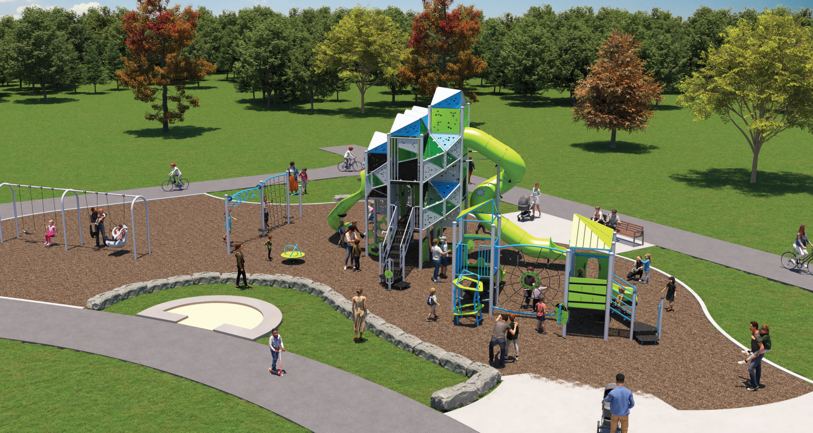 Rendering of the proposed playground upgrades at Silverview Park, showing new play structures from a viewpoint looking east across the playground.
