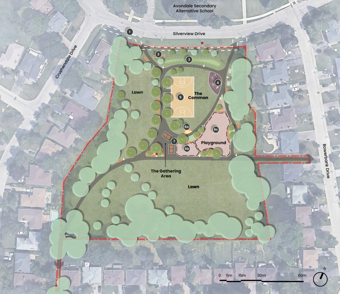 The site plan illustrates the layout of the playground, basketball court and gathering area with shade structure. The design preserves existing locations including the green space south and west of the playground.