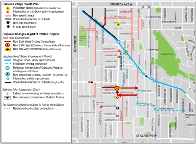 This map shows approved changes that will be implemented in the short to medium term. The map also shows additional changes proposed by the Streets Plan that require further coordination, study, consultation or City Council approval to be implemented through related projects.