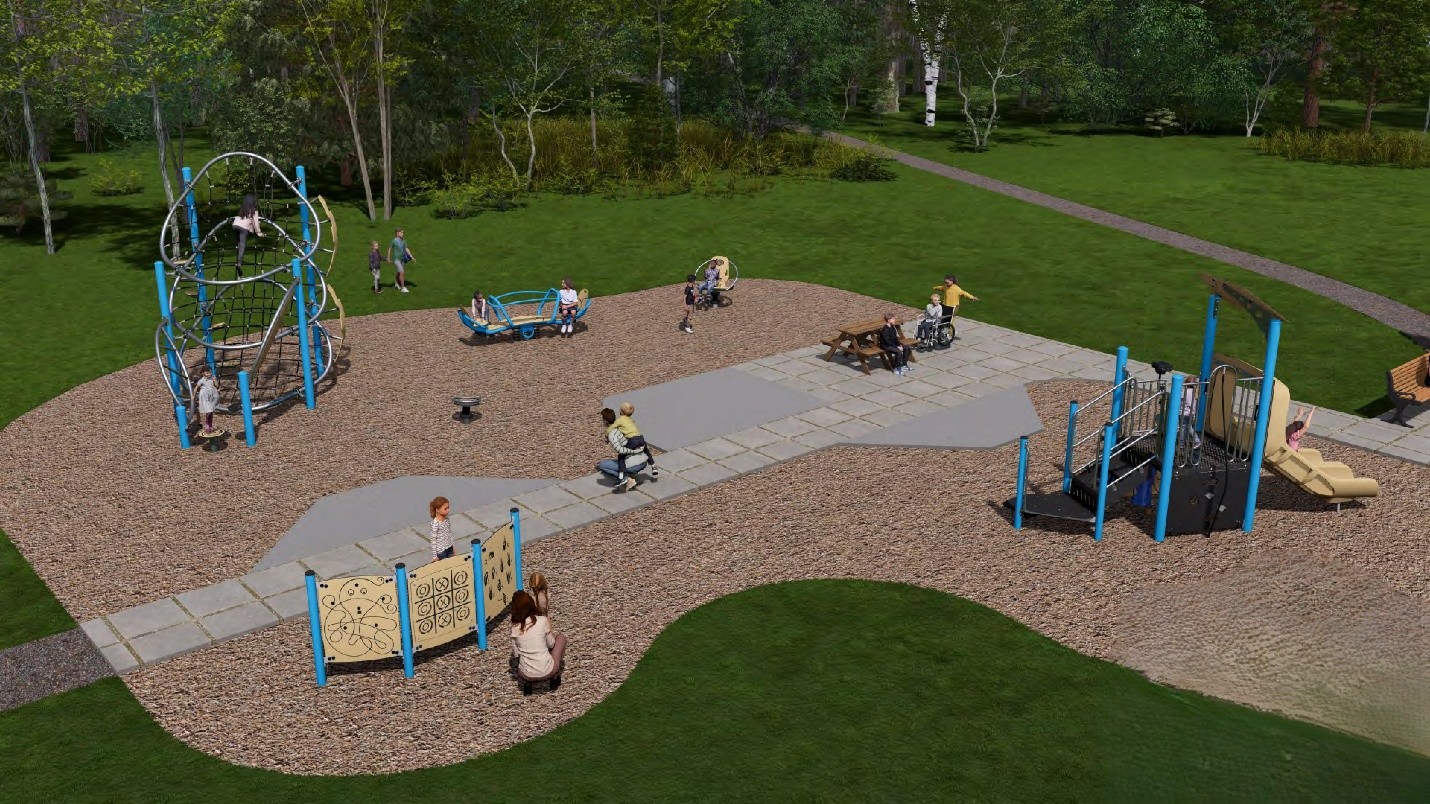 Rendering image of proposed playground with a junior play area for ages 18 months to 5 years and a separate climbing structure for ages 5 to 12. Features include slides, climbing elements, interactive panels, accessible pathways, and seating areas with benches or picnic tables.