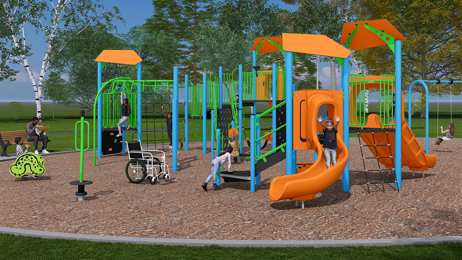 An aerial view of Playground Design C looking to the northeast from the southwest. From the lower left to the upper right, it includes junior play equipment, monkey bars, a swing set, senior play equipment, bridge, slide, and a ladder. 