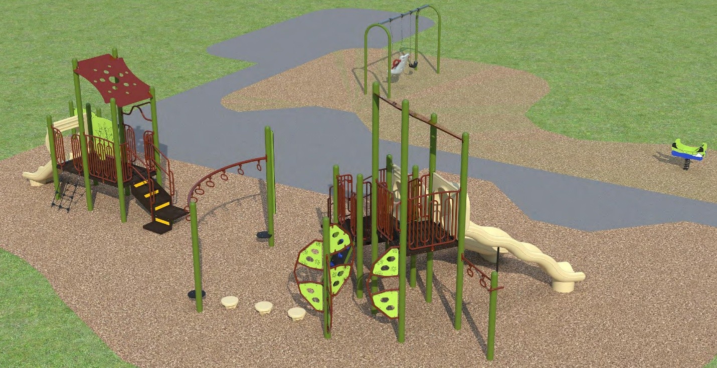 Rendering image of proposed playground option A with separate junior and senior play structures, featuring slides, climbing elements, accessible play components, and interactive panels. The design also includes stepping stones, a canoe motion toy and a swing set with one belt swing and one accessible swing.