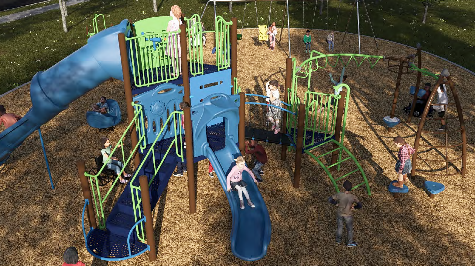 An aerial view of Playground Design B main senior play structure. From the left to the right, it includes senior play equipment with slides and climbers, balancing steps, ladder, hooped overhead climbers, arch climber and a swing set in the back. 