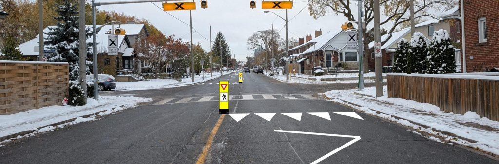 Rendering showcasing the PXO sign and pavement marking enhancements. This includes in-road flexible signs, zig zag markings and sharks teeth on the approach to the PXO