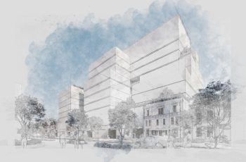 Design rendering of a street with a multi-story modern building beside three story historic buildings, trees and plants.