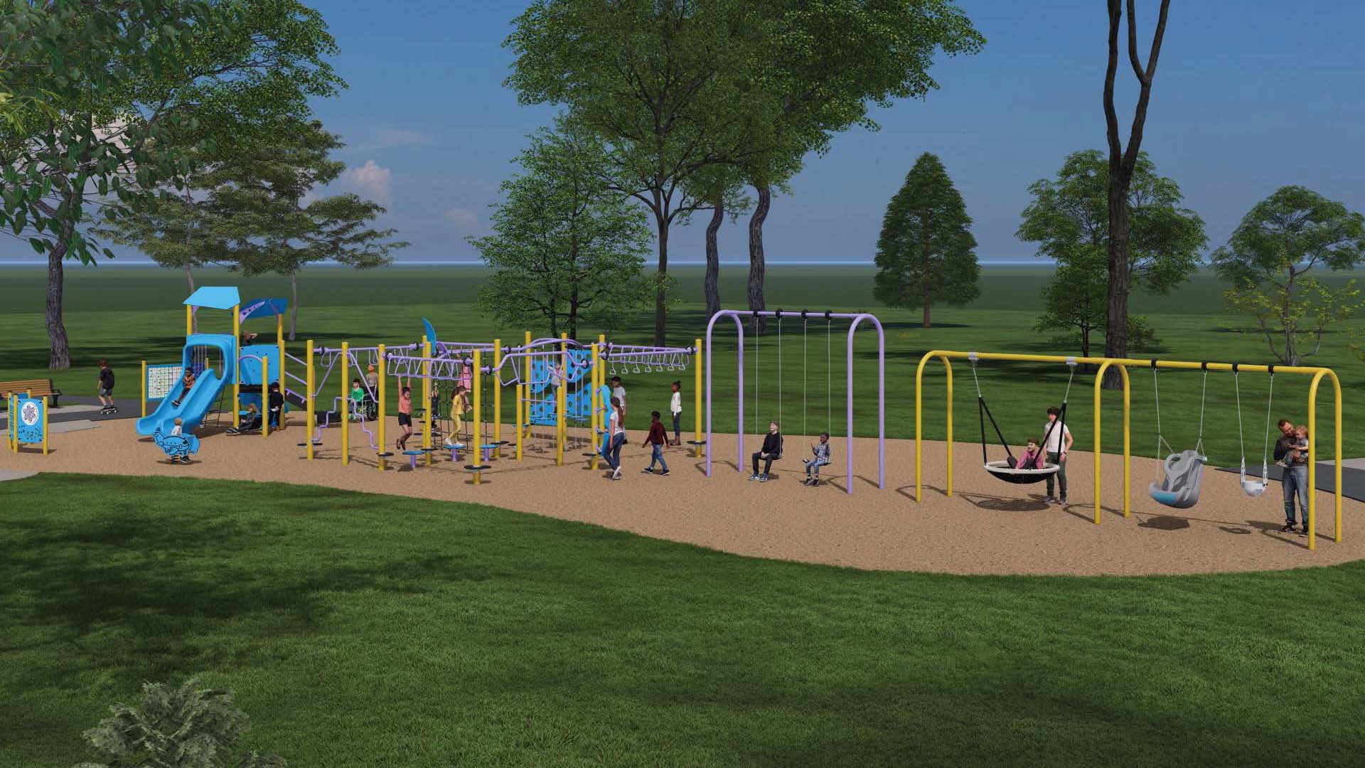 The final design for the new Gulliver Park playground, which has been refined based on community feedback. It will be bright colours, like yellow, orange and purple, and earthy colours like brown, green and blue, and will include the play features listed below.