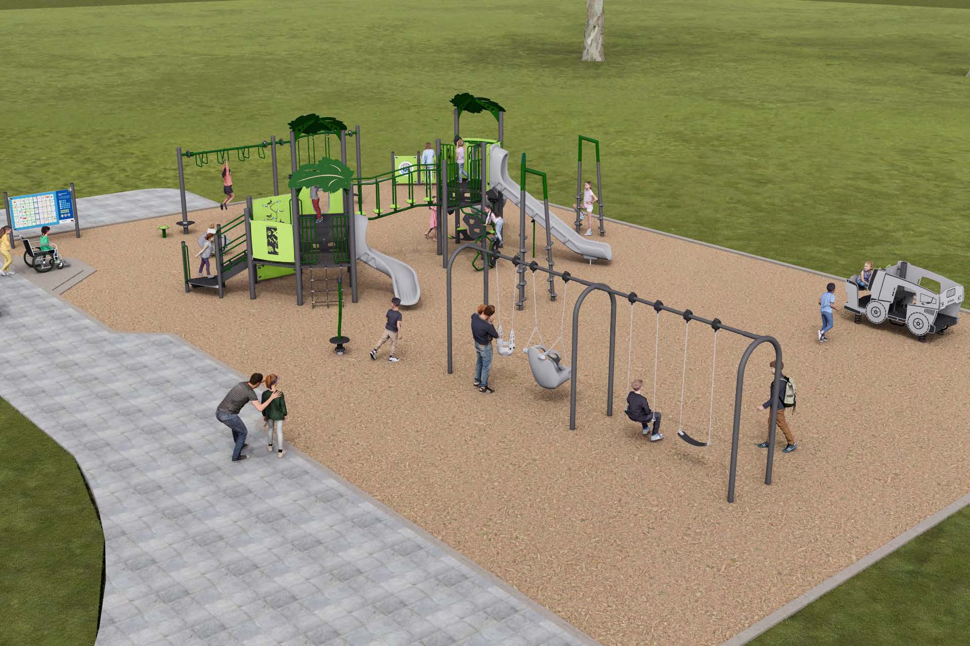 The final design for the new Lionel Conacher Park playground, which has been refined based on community feedback. It will be earthy colours like green, brown and grey and will include the play features listed below.