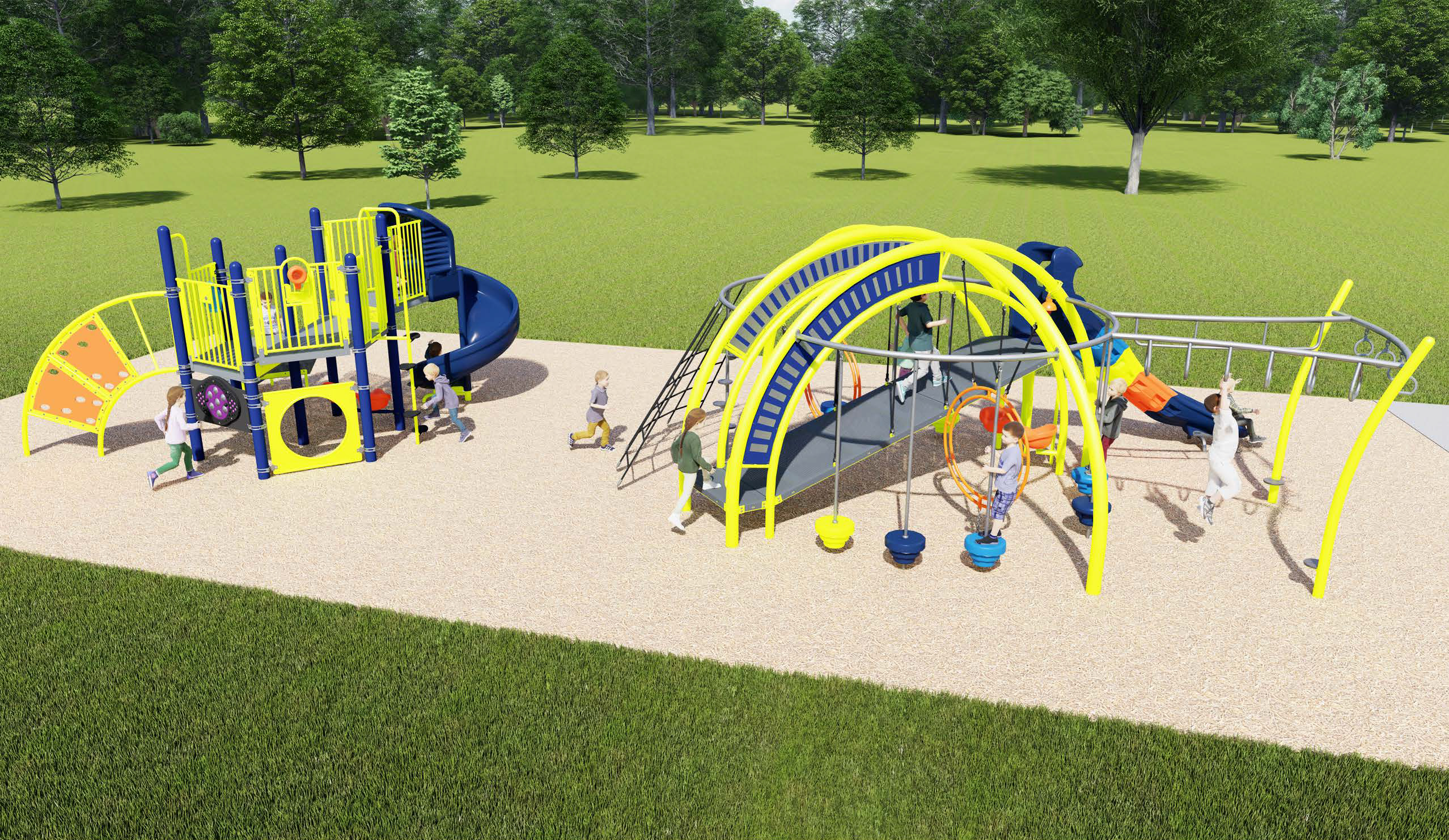 The final design for the new Frankel Lambert Park playground, focusing on the climbing structure and combined play structure from left to right. It will be a mix of bright warm and vibrant cool colours and will include the play features listed below.