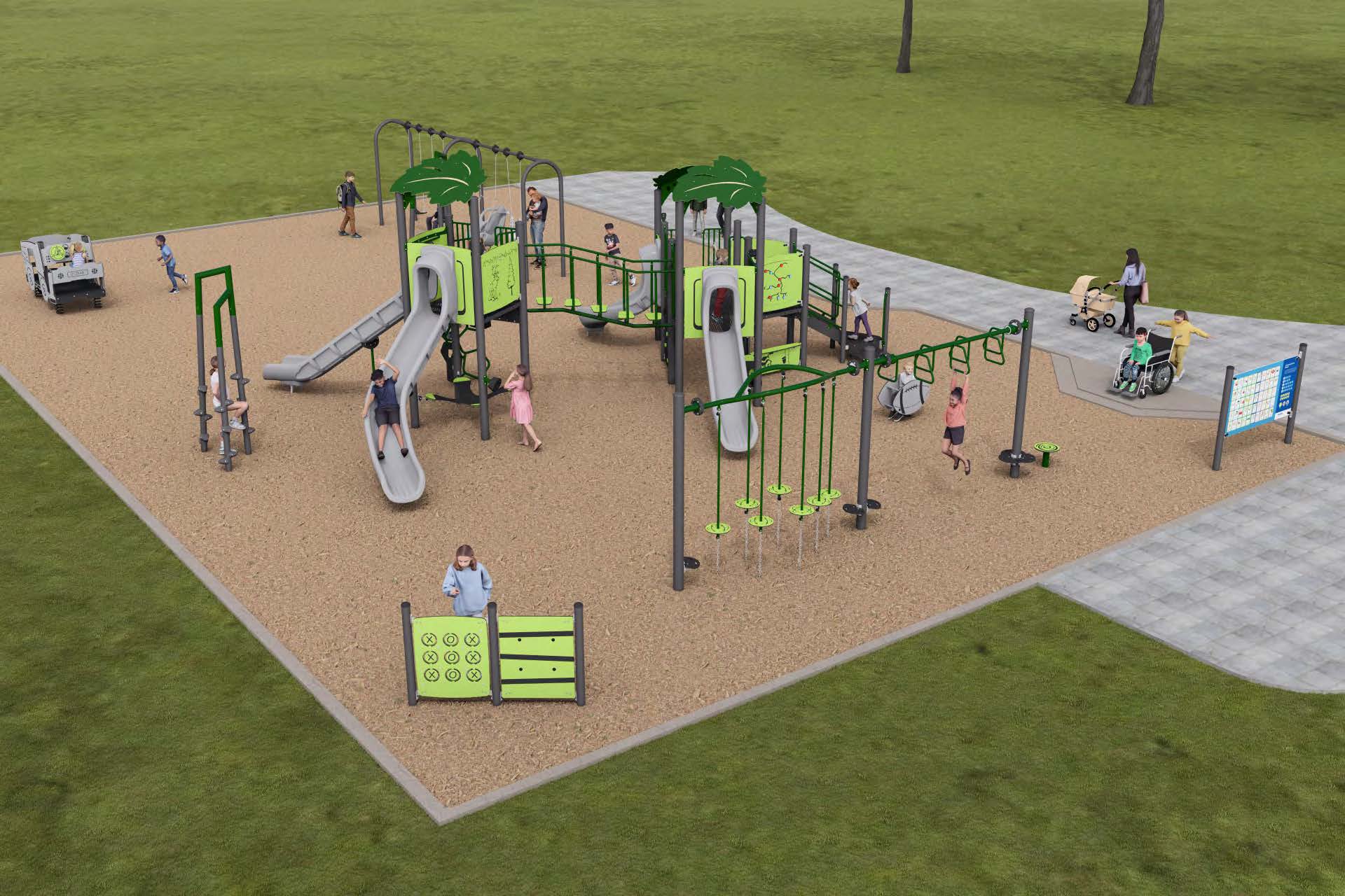 The final design for the new Lionel Conacher Park playground, which has been refined based on community feedback. It will be earthy colours like green, brown and grey and will include the play features listed below.