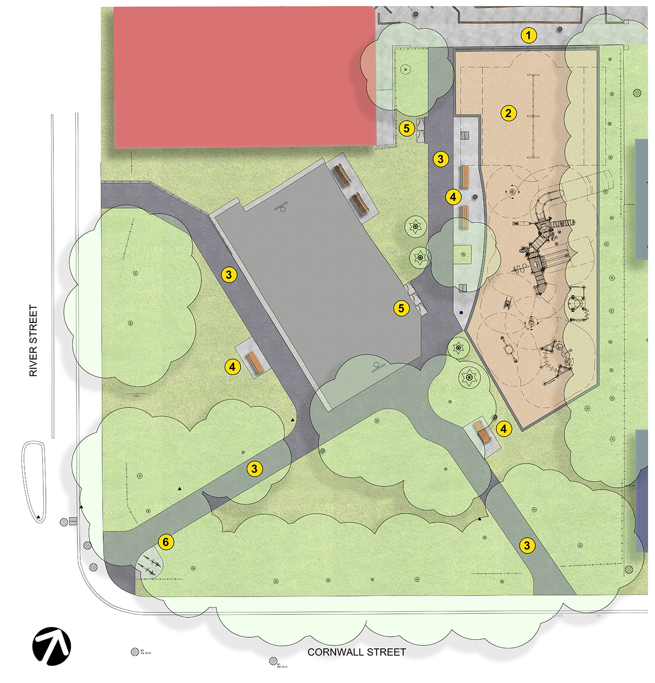 Site plan for Oak Street Park showing rubber surface play area, asphalt paths, accessible benches, bike racks, and adjacent treed edges.
