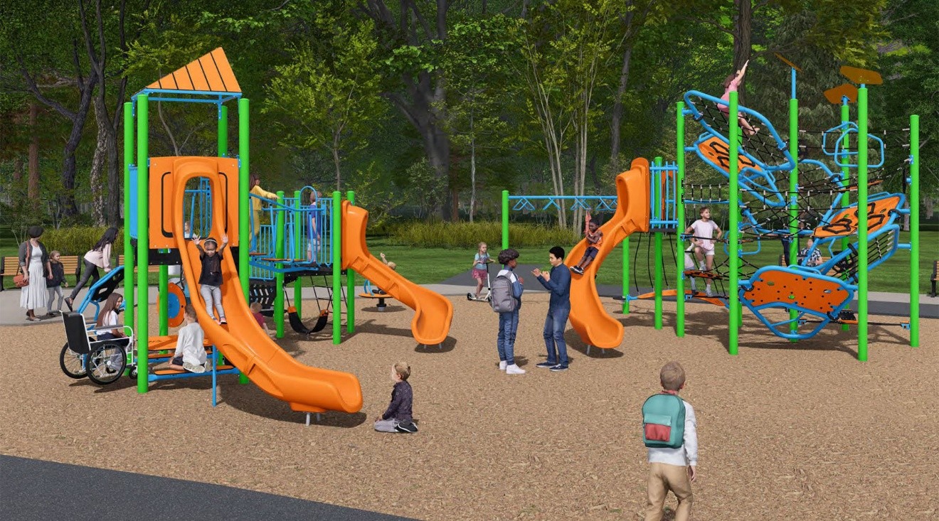 The final design for the new Weston Lions Park playground, which has been refined based on community feedback. It will be bright colours, like yellow, orange and purple, and will include the play features listed below.