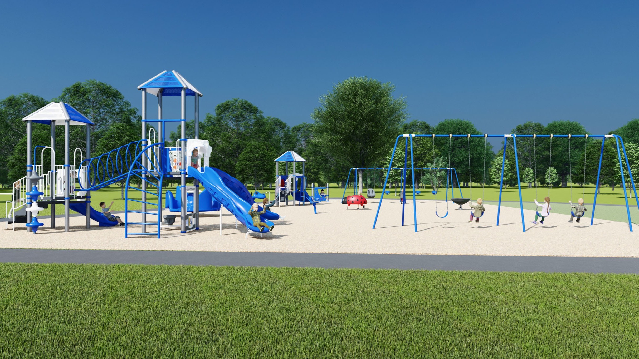 An aerial view of Playground Design C. From left to right, it includes a senior play structure, a junior play structure, a ladybug spring toy, one carousel group spinner and two swing sets.