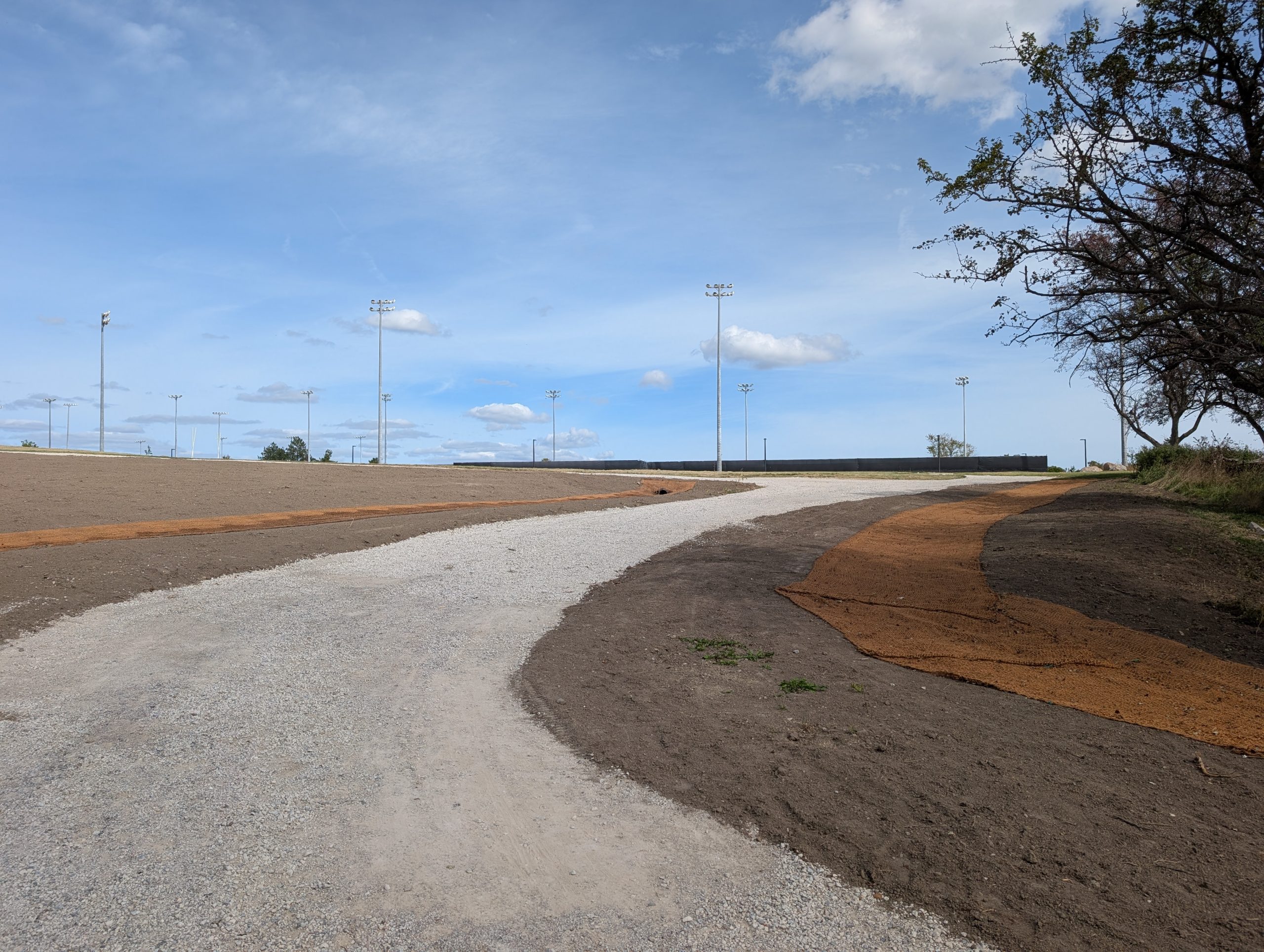 A gravel path winds through an open park area. Brown matting is placed on top of the dirt beds on either side of the path. Trees border the right side of the path, and tall light poles are visible in the distance. 