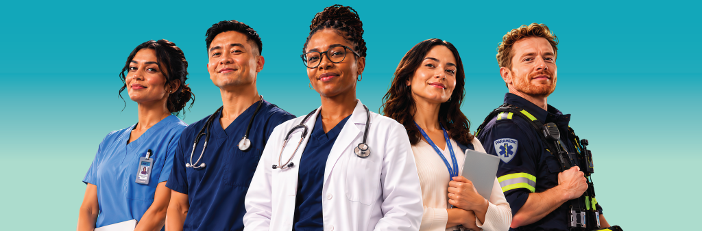 Graphic of five diverse frontline healthcare professionals, including nurses, a doctor and a paramedic.