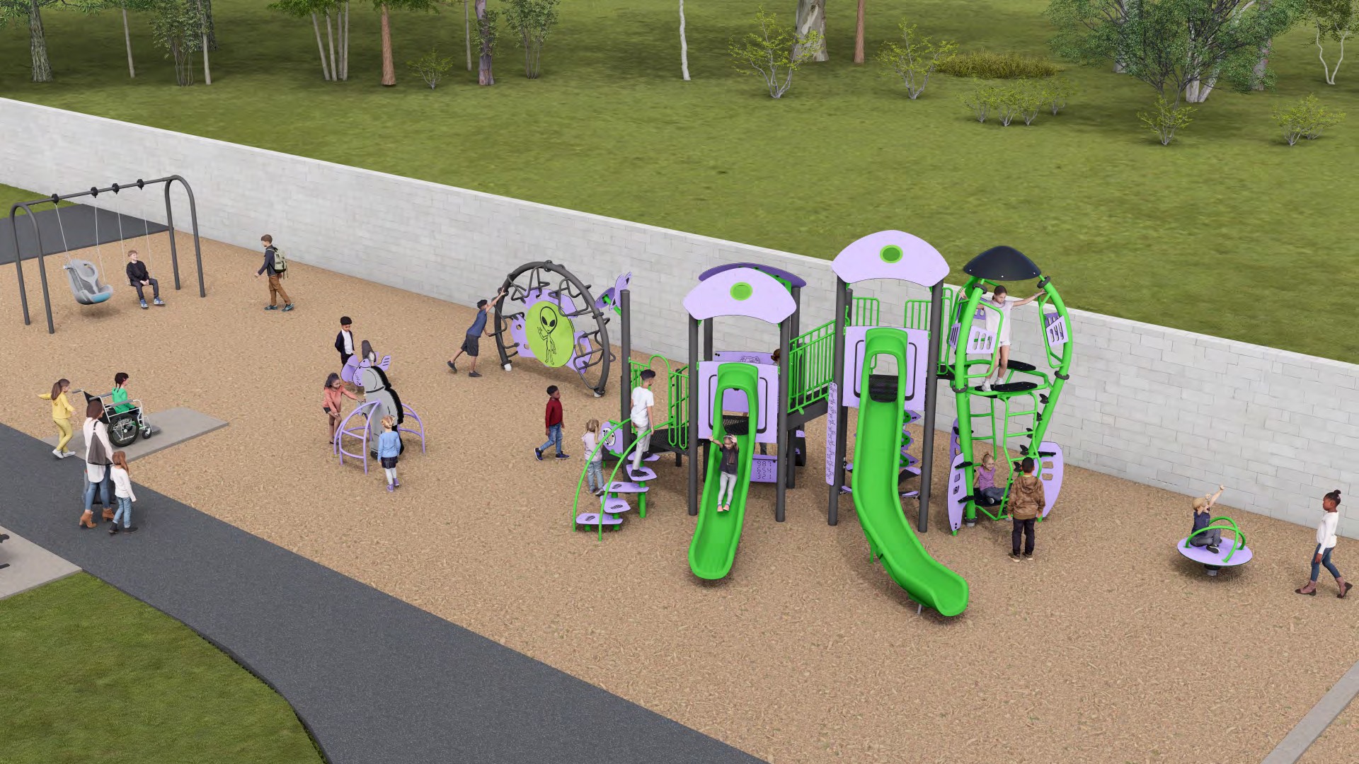 An aerial view of Playground Design option B. From the upper left to the lower right, it includes a swing set, an astronaut-themed climber, an alien-themed climber, a combined senior and junior play structure with multiple slides and climbing elements, a rocket-themed climbing structure with play panels and a spinner toy.