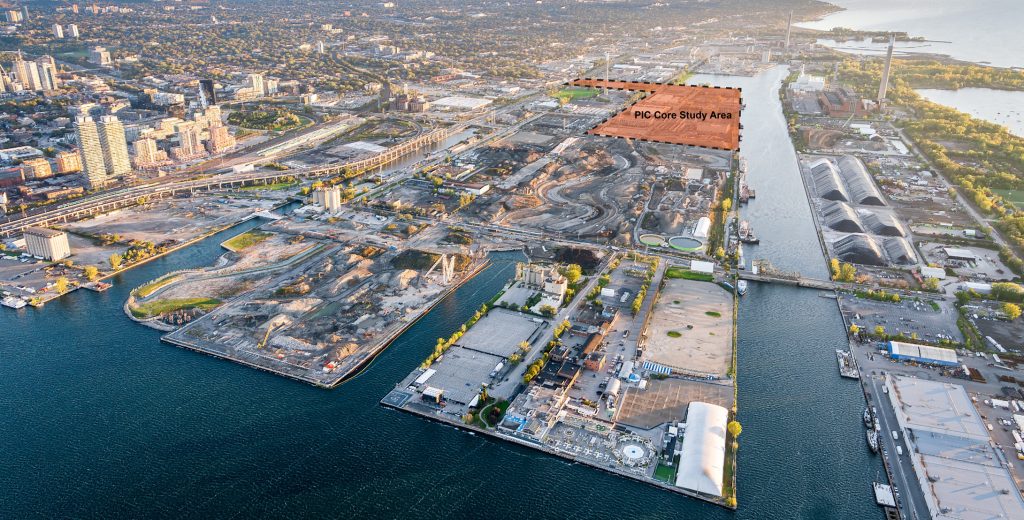 Aerial view of the Port Lands showing the PIC Core Study Area in the eastern Port Lands.