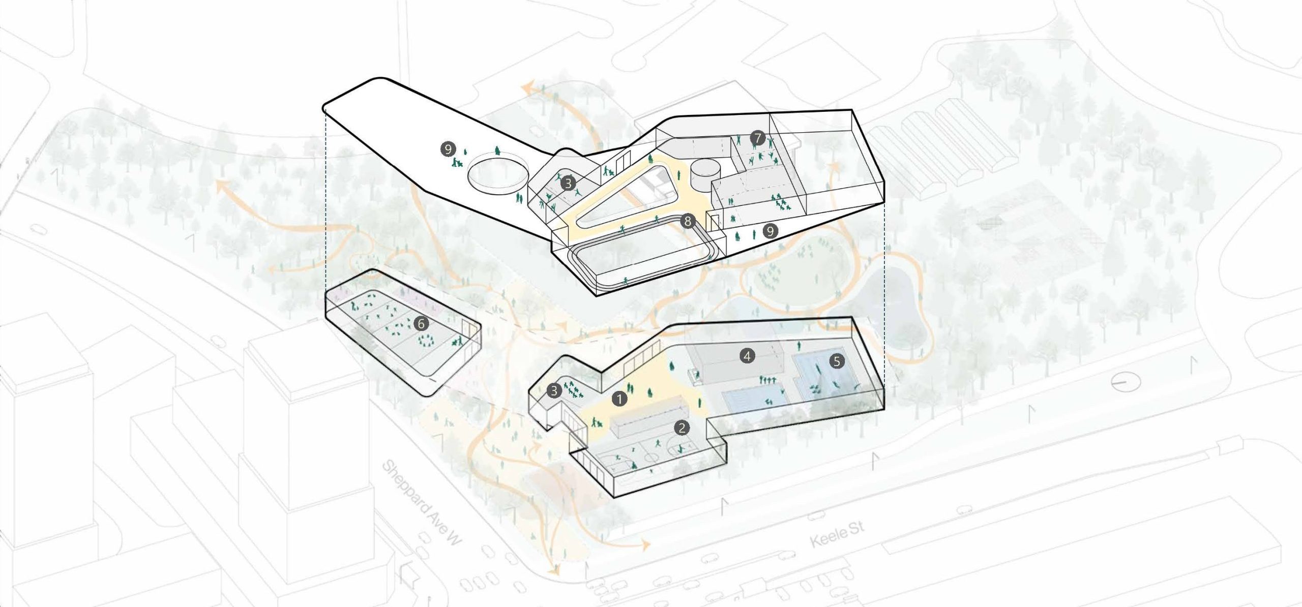 3D diagram of The Clearing option, which includes two buildings and a central plaza that links the street corner to the park and surrounding area. Both levels of the buildings are outlined and numbered according to the list of features after the image. 