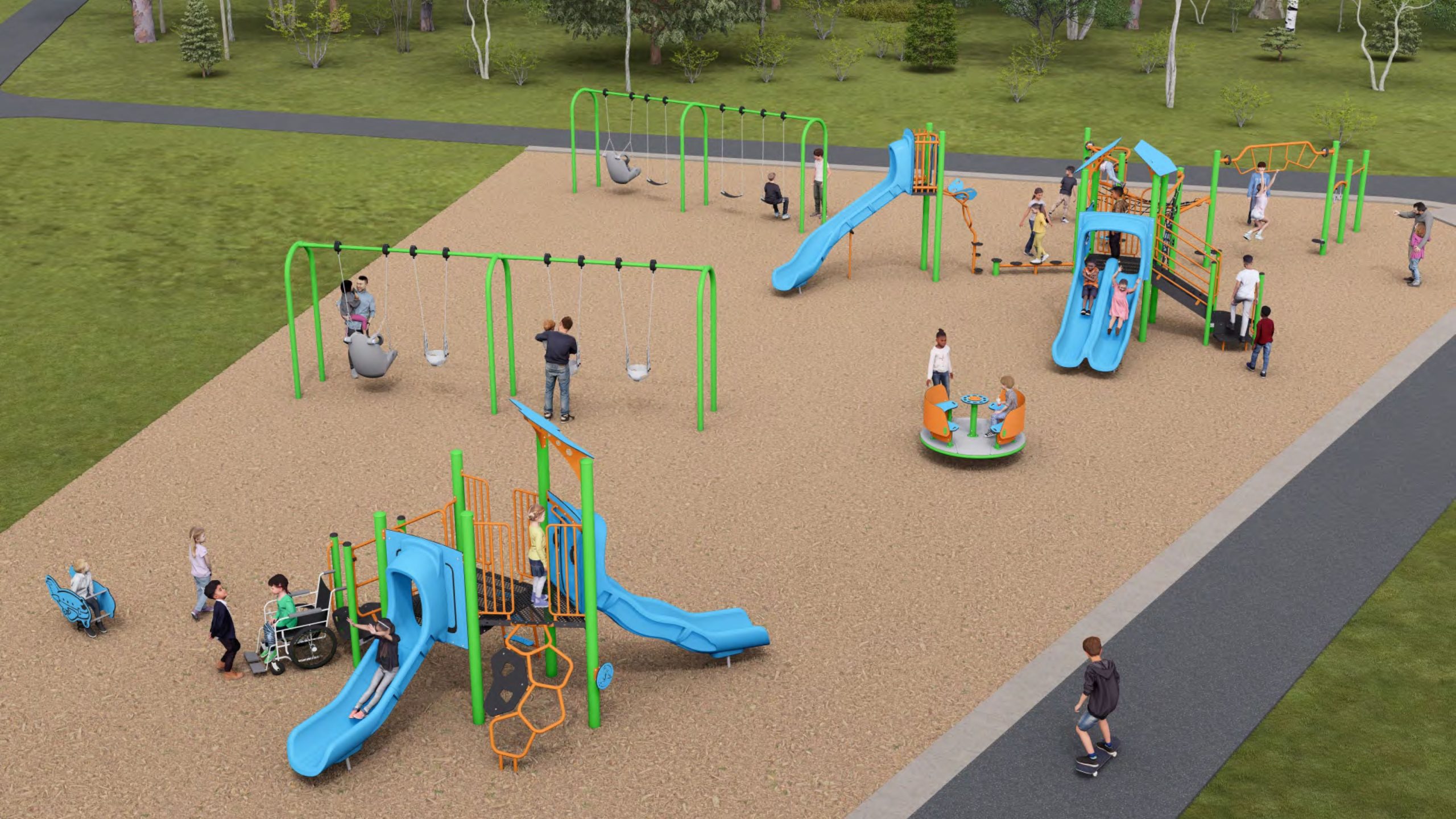 An aerial view of Playground Design A. From the lower left to the upper right, it includes a spring toy, a junior play structure, two swing sets, a carousel group spinner, a senior play structure and multiple climbing structures.