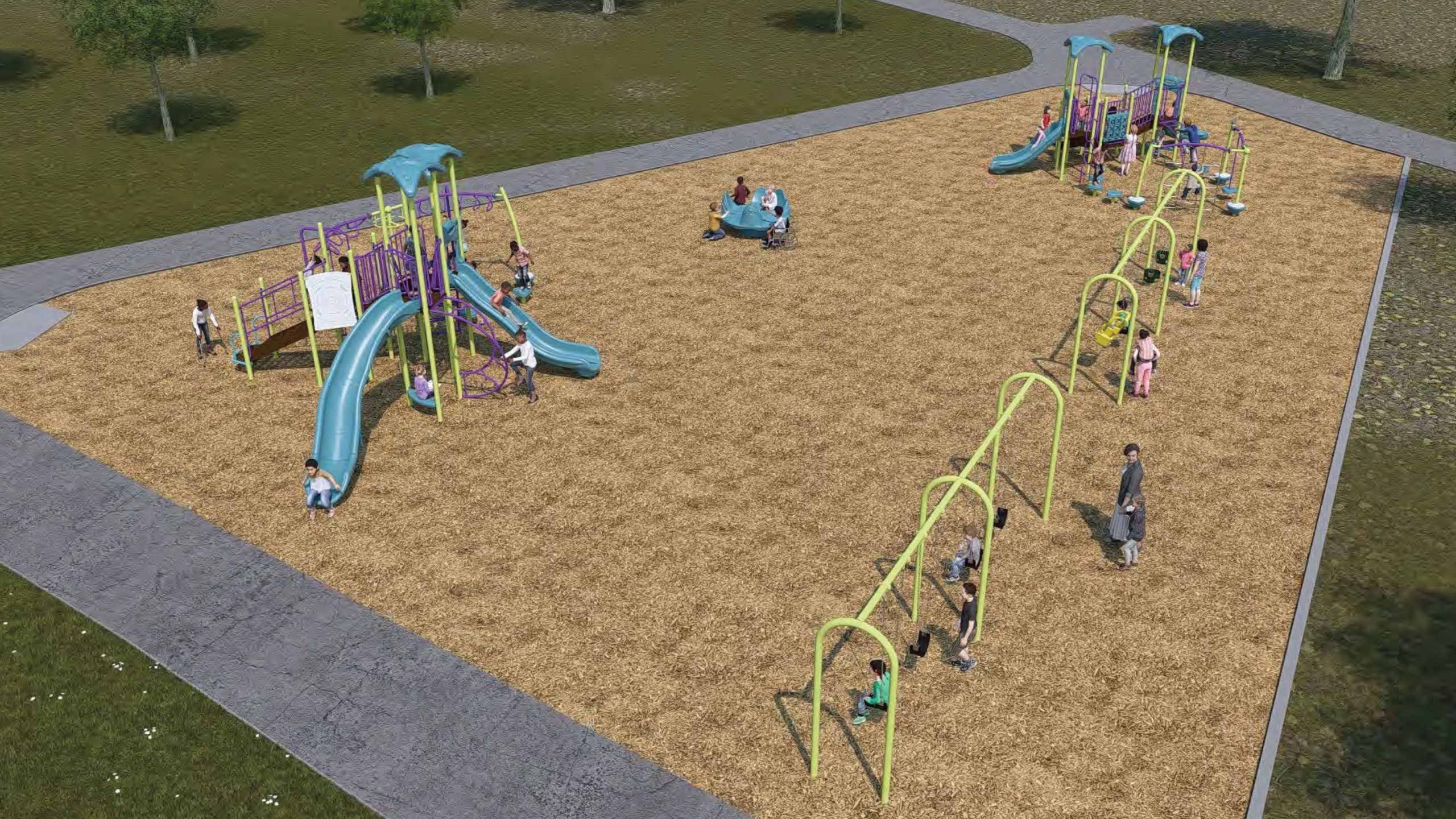 An aerial view of Playground Design B. From the lower left to the upper right, it includes a junior play structure, two swing sets, a carousel group spinner and a senior play structure.