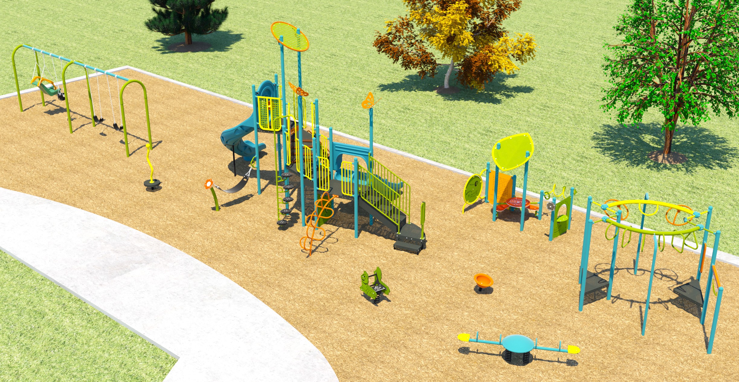 The final design for the new Oak Street Park playground, which has been refined based on community feedback. From right to left in this image: Accessible swing set, main slide structure, junior play area, Spring toys, and overhead climber