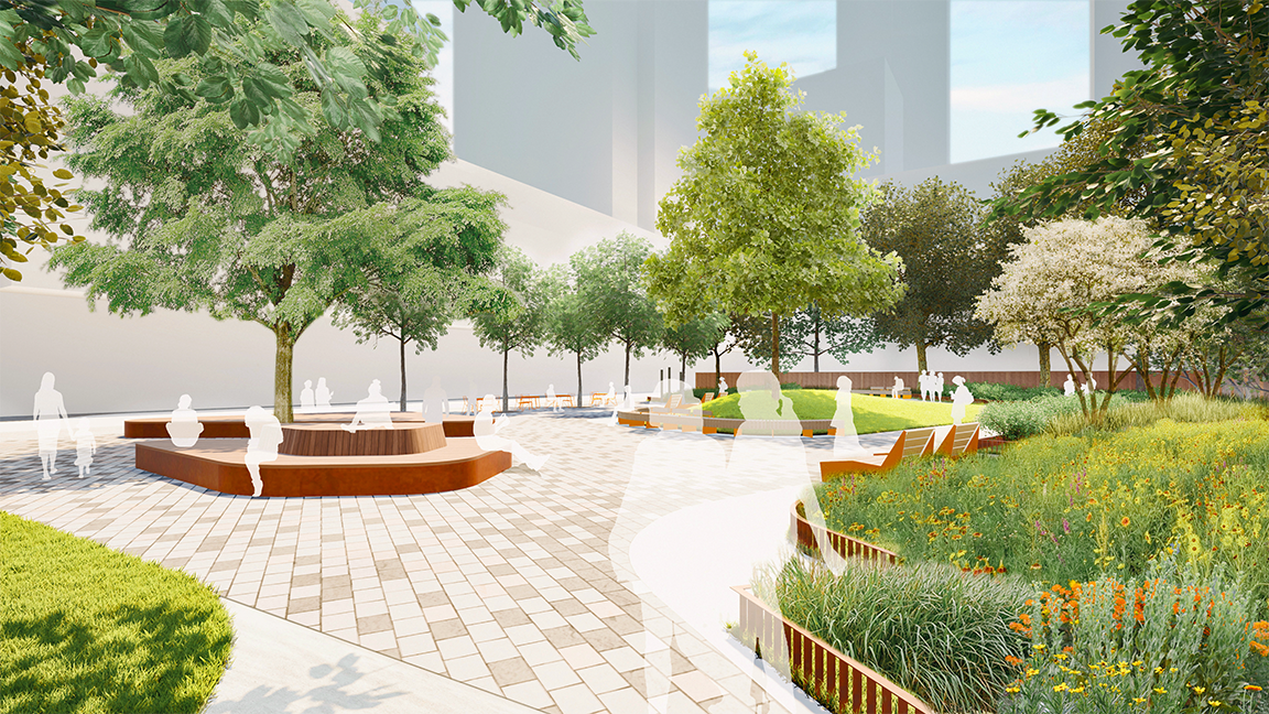 A perspective view looking southeast from Roselawn Avenue into the park, with the two-tiered platform seating in the foreground, and small grass-covered hill and pathway in the back.