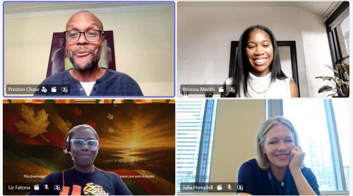 Staff participate in a virtual screening of “Mr. Emancipation: The Walter Perry Story. and smile for a photo while on a virtual call.