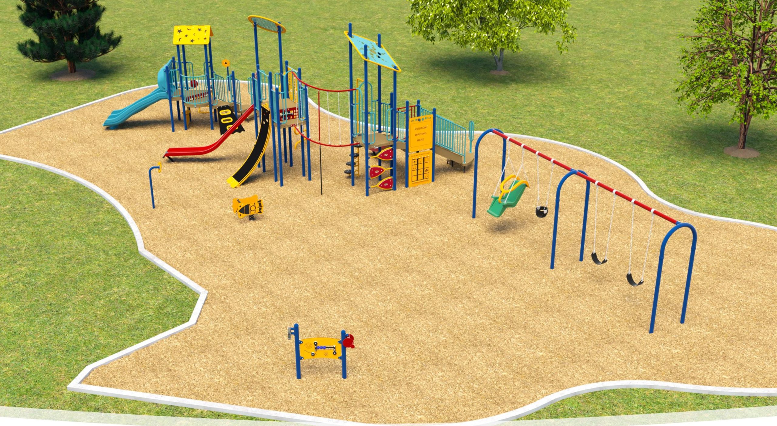 The final design for the new Masaryk Park playground. It will have a primary colour scheme of red, yellow, dark and light blue, and will include the play features listed after the image.