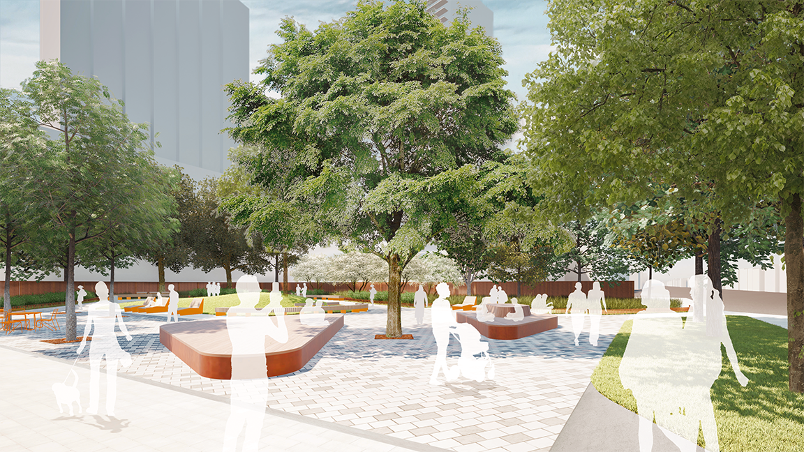 A perspective view looking southwest from the sidewalk at Roselawn Avenue towards a large canopy tree in an area with paving stones and two large platform seating on either side of the tree.