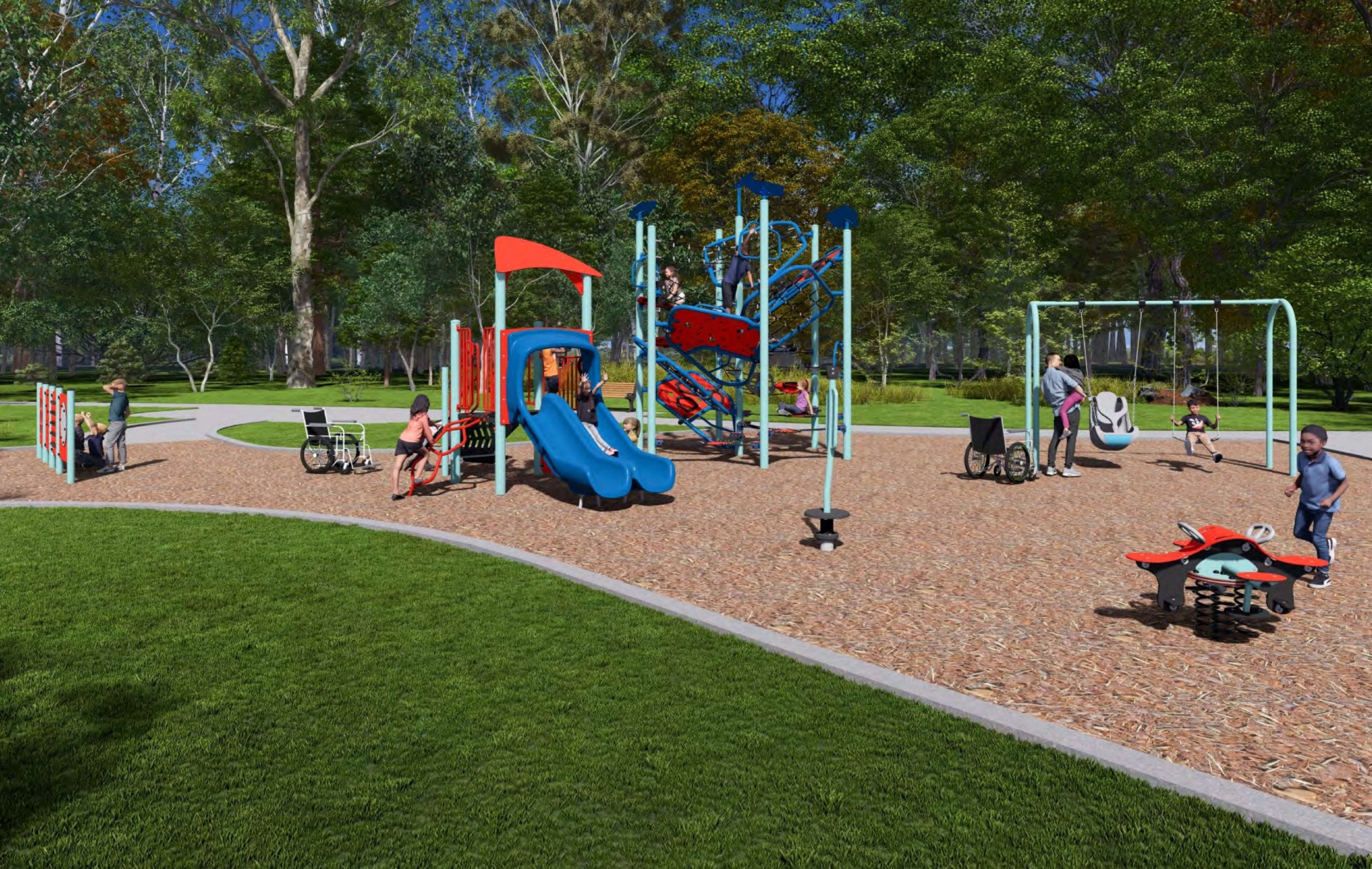 The final design for the new Malta Park playground. It will have a red, light blue and dark blue colour scheme, and will include the play features listed after the image.