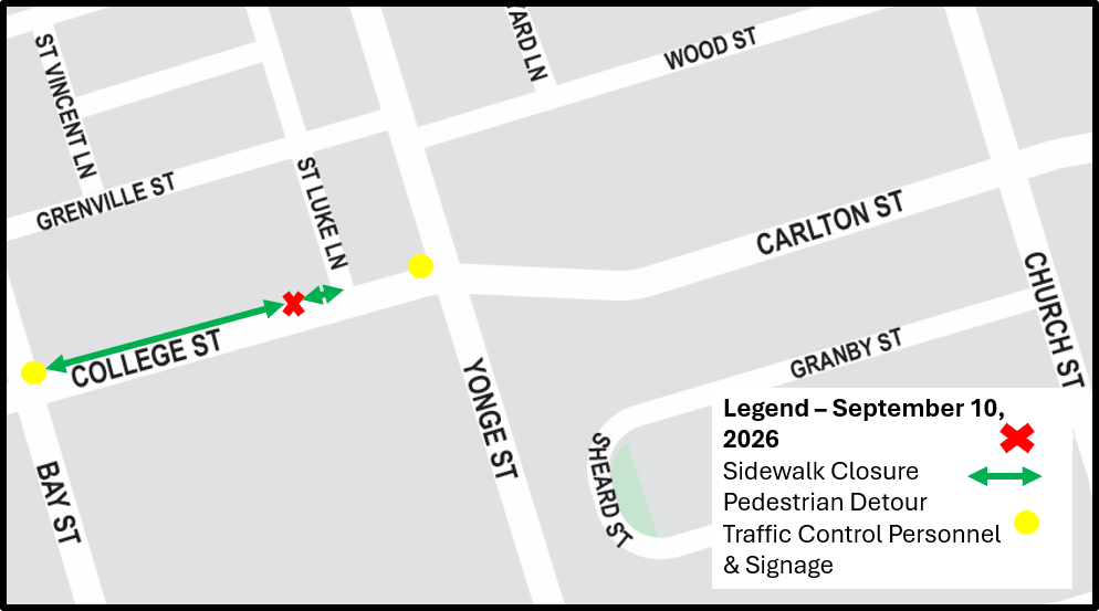 Map of the sidewalk closure area at 20 & 14 College Street. Please contact Mark De Miglio at mark.demiglio@toronto.ca or call 416 395 7178 for more information.