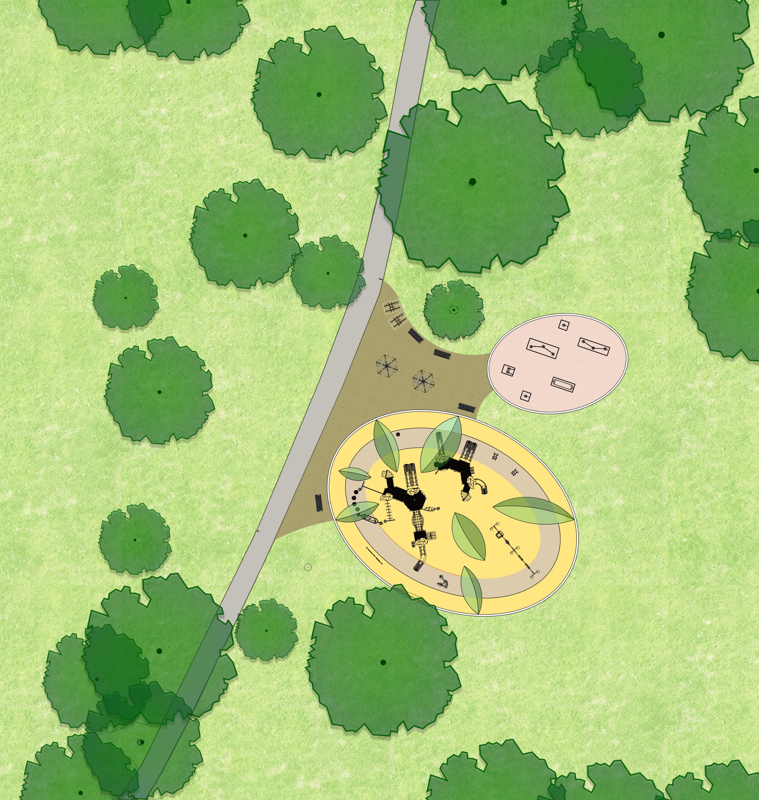 The final design for the new Sandover Park playground, which has been refined based on community feedback. It will be earthy colours: green, brown, beige and grey with a pop of bright colour (yellow) and include the play features listed below.
