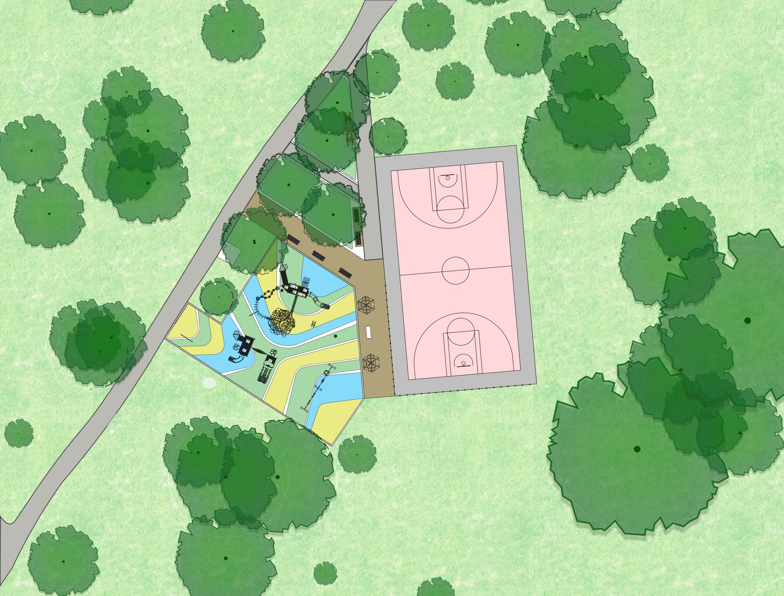 The final design for the new Rowena Park playground, which has been refined based on community feedback. It will be a mix of bright warm colours and vibrant cool colours: blue, yellow, and green, and include the play features listed below.