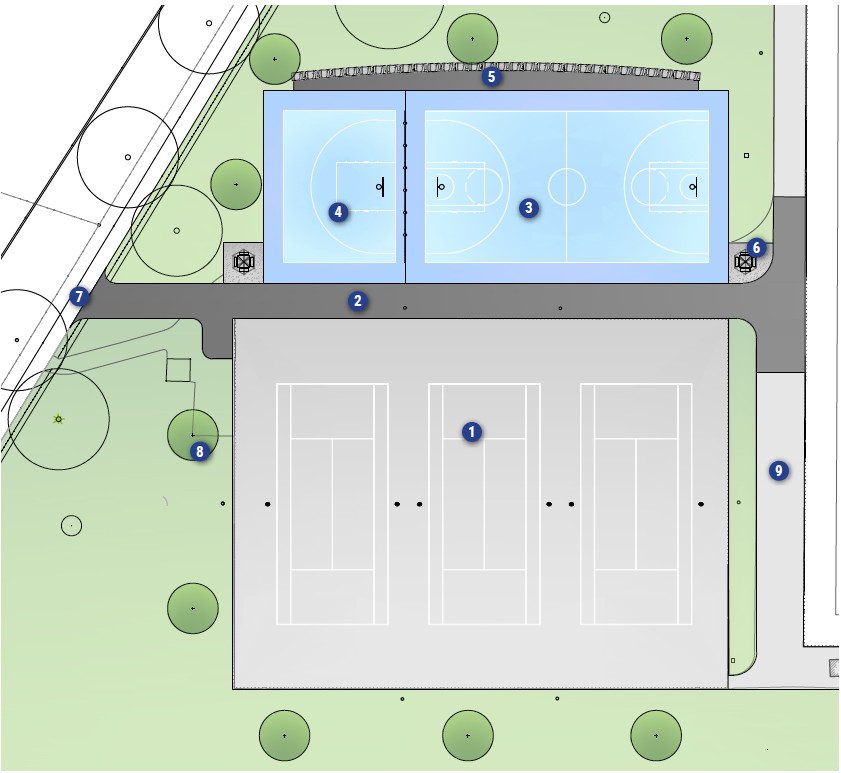 Site plan showing the layout of basketball court design option A. It features one full court and a half court attached to the west side of the full court. There is also a seat wall on the north side and additional seating near the access pathway. Features are numbered and correspond to the list after the image.